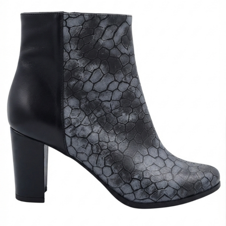Toamna - Botine damă din piele – Dark Mosaic & piele box neagră, toc bloc 6 cm, vârf rotunjit