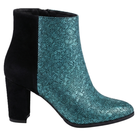 Botine cu toc gros - Botine damă din piele – Emerald Metallic & piele întoarsă neagră, toc bloc 6 cm, vârf rotunjit