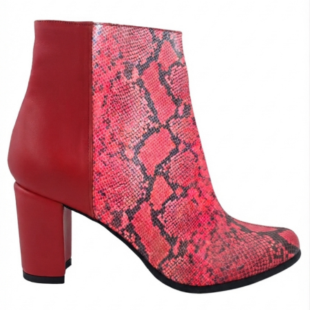 Toamna - botine dama piele naturala ruby snake piele box rosu varf migdalat toc gros 6 cm