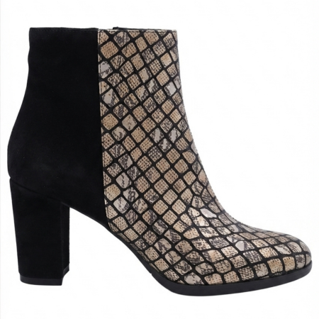 Botine cu toc gros - Botine damă din piele – Python Golden & piele întoarsă neagră, toc bloc 6 cm, vârf rotunjit