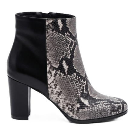 Botine cu toc gros - Botine damă din piele – Shadow Snake & piele box neagră, toc bloc 6 cm, vârf rotunjit