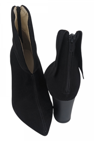Botine cu toc gros - Botine damă elegante, piele întoarsă, vârf ascuțit, cu fermoar in spate, negru