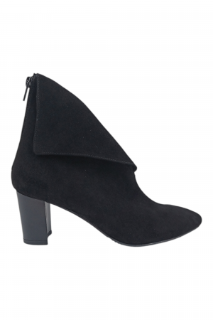 Botine cu toc gros - Botine damă elegante, piele întoarsă, vârf ascuțit, cu fermoar in spate, negru