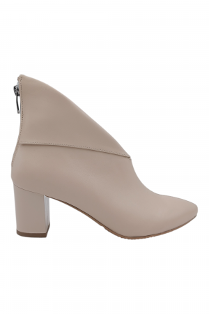 Botine cu toc gros - Botine damă elegante, piele naturala box, vârf ascuțit, cu fermoar in spate, bej