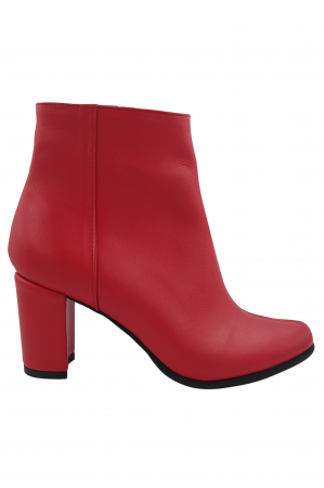 Botine cu toc gros - Botine damă eleganți, piele naturală, vârf migdalat, toc gros îmbrăcat, roșu.