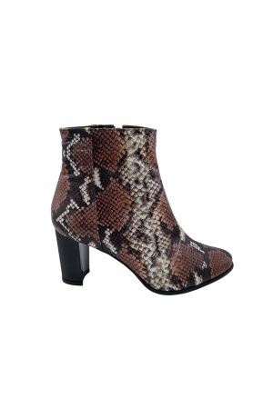 Botine cu toc gros - Botine damă eleganți, piele naturală, vârf migdalat, toc gros, imprimeu șarpe maro.