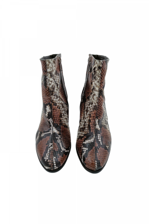 Botine damă eleganți, piele naturală, vârf migdalat, toc gros, imprimeu șarpe maro. [3]