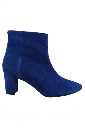 Botine cu toc gros - Botine damă eleganți, piele naturală, vârf ascuțit, toc gros îmbrăcat, albastru.