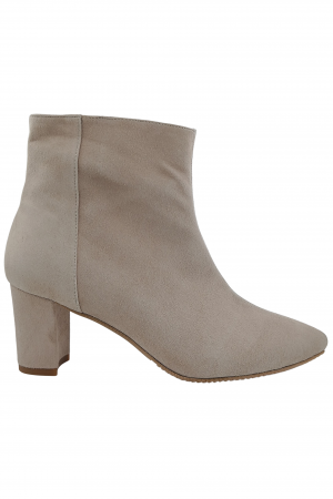 Botine cu toc gros - Botine damă eleganți, piele naturală întoarsă, vârf ascuțit, toc gros îmbrăcat, bej.