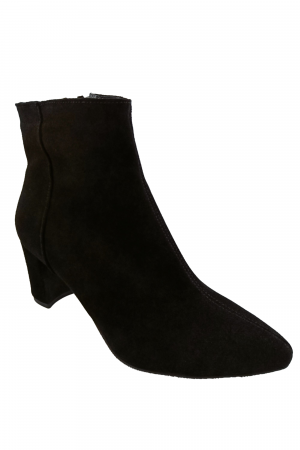 Botine cu toc gros - Botine damă eleganți, piele naturală întoarsă, vârf ascuțit, toc gros îmbrăcat, negru.