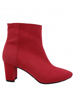Botine cu toc gros - Botine damă eleganți, piele naturală întoarsă, vârf ascuțit, toc gros îmbrăcat, roșu.