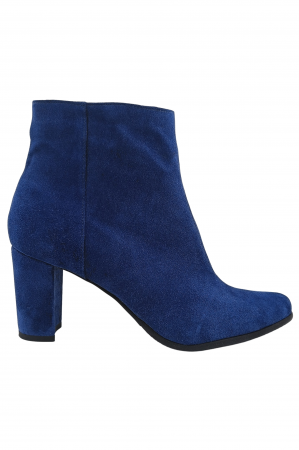 Botine cu toc gros - Botine damă eleganți, piele naturală, vârf migdalat, toc gros îmbrăcat, albastru.