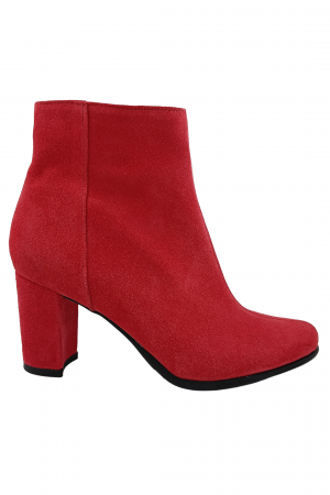 Botine cu toc gros - Botine damă eleganți, piele naturală întoarsă, vârf migdalat, toc gros îmbrăcat, roșu.