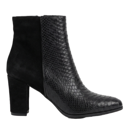 Botine cu toc gros - Botine damă piele – Black Scales, vârf ascuțit