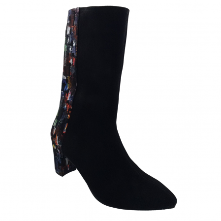 Botine damă - Cizme dama elegante, trei sferturi, piele naturala, velur, varf ascutit, toc gros, negru, patratele colorate, Sandali