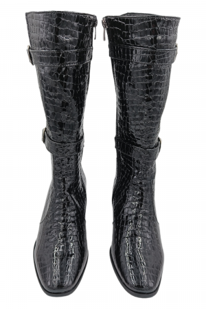 Cizme dama eleganti, piele naturala, elastic, catarama, fermoar, negru lacuit, Sandali [3]