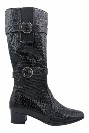 Botine damă - Cizme dama eleganti, piele naturala, elastic, catarama, fermoar, negru lacuit, Sandali