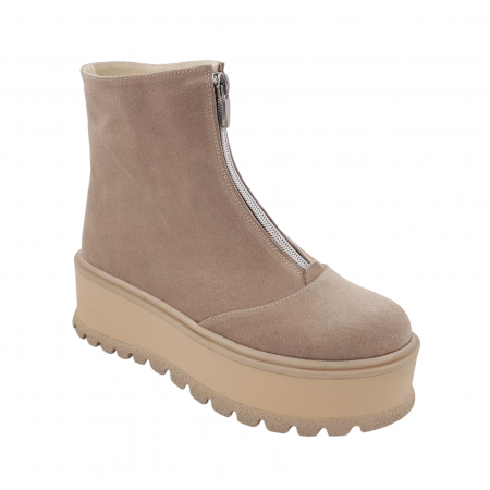 Ghete cu platforma - Ghete damă casual, piele naturală, fermoar, talpă înaltă, bej velur