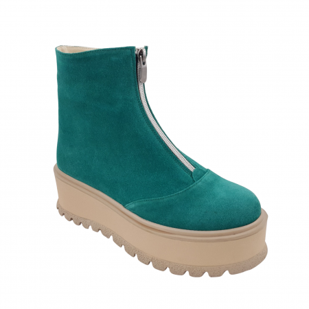 Ghete cu platforma - Ghete damă casual, piele naturală, fermoar, talpă înaltă, verde velur