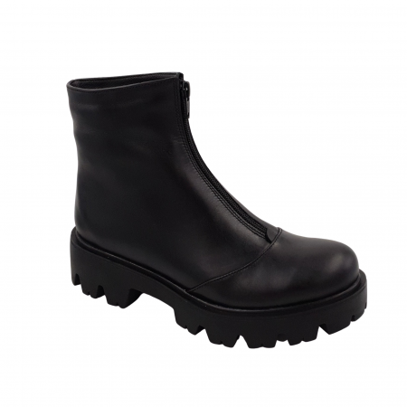 Ghete cu talpa masiva - Ghete damă casual, piele naturală, fermoar, talpă ușoară, crampoane mari, negru, Sandali