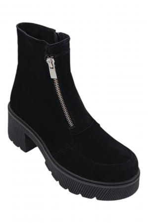 Ghete damă - Ghete damă casual, piele naturală întoarsă, cu fermoar, talpă masivă și ușoară, negru