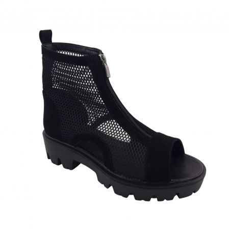 LICHIDARE STOC - Ghete damă casual, piele naturală, plasă, fermoar, vârf decupat, negru velur, 34; 37