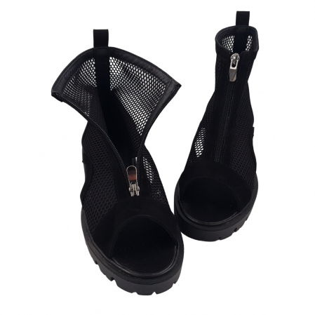 Ghete damă casual, piele naturală, plasă, fermoar, vârf decupat, talpă ușoară, crampoane, negru velur, Sandali [2]