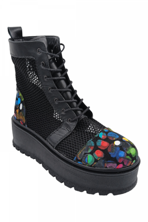 Ghete damă - Ghete damă casual, piele naturală, plasă neagra, talpă inalta, crampoane mari,buline colorate, SANDALI