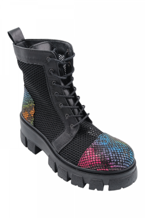 Ghete damă - Ghete damă casual, piele naturală, plasă neagra, talpă ușoară, crampoane mari, sarpe colorat, SANDALI