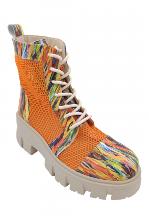 Ghete damă - Ghete damă casual, piele naturală, plasă oranj, talpă ușoară, crampoane mari, picturi colorate, SANDALI