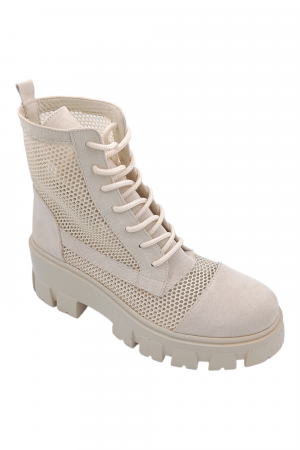 Ghete plasă - Ghete damă casual, piele naturală, plasă, talpă ușoară, crampoane mari, bej velur