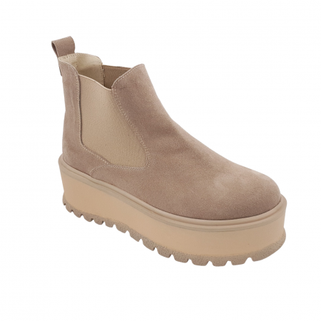 Ghete cu platforma - Ghete damă casual, piele naturală, talpă înaltă, fără închidere, bej velur
