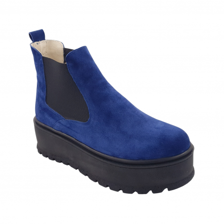 Ghete cu platforma - Ghete damă casual, piele naturală, talpă înaltă, bleumarin velur