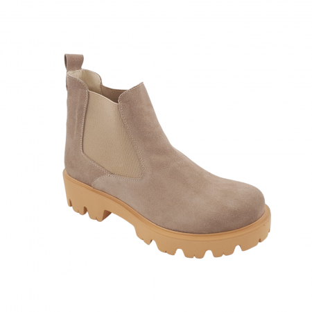 Ghete cu talpa masiva - Ghete damă casual, piele naturală velur, talpă ușoară, crampoane mari, bej, Sandali