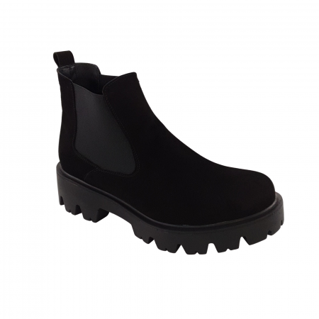 Ghete cu talpa masiva - Ghete damă casual, piele naturală, talpă ușoară, crampoane mari, negru velur, Sandali