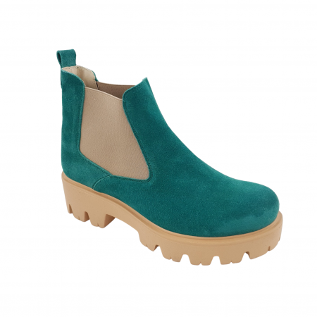 Ghete cu talpa masiva - Ghete damă casual, piele naturală velur, talpă ușoară, crampoane mari, verde, Sandali
