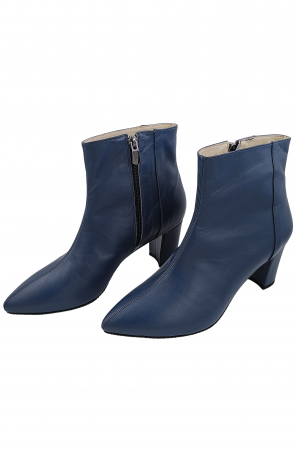 Botine damă eleganți, piele naturală, vârf ascuțit, toc gros îmbrăcat, albastru. [4]