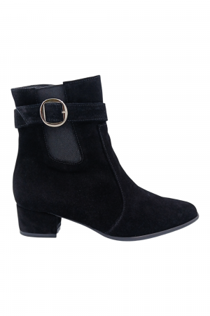 Botine damă - Ghete damă eleganți, piele întoarsă, cataramă, fermoar, negru