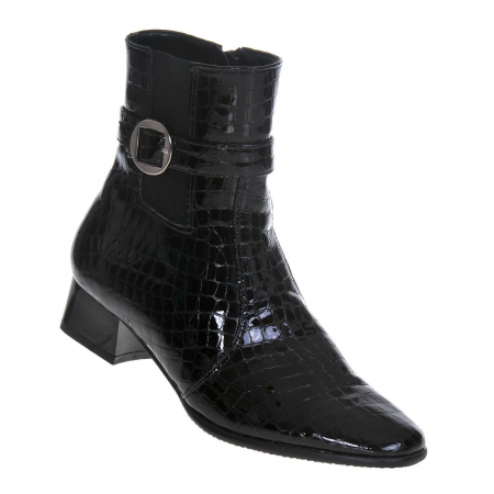 Botine damă - Ghete dama eleganti, piele naturala, elastic, catarama, fermoar, negru lacuit, Sandali