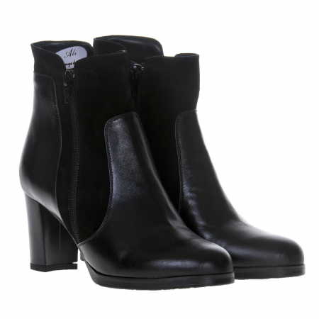 Botine cu toc gros - Ghete dama, piele naturala, toc gros, doua fermoare laterale, negru, box, camoscio