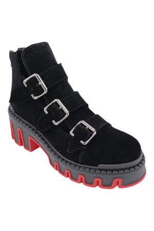 Ghete damă - Ghete damă, piele naturală velur, catarame, talpă cu striați, negru, Sanda