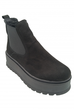 Ghete cu platforma - Ghete damă, piele naturală velur, talpă înaltă, fără închidere, negru