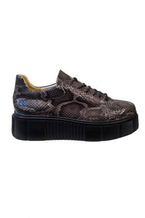 Pantofi fara toc - Pantofi damă casual cu imprimeu șarpe, cu sireturi, talpă înaltă, bej-negru