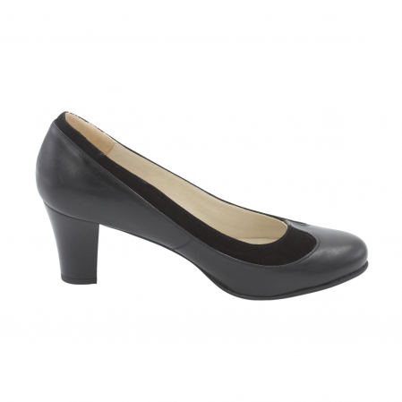 Pantofi cu toc gros 6 cm - Pantofi damă casual, piele naturală box, camoscio, toc mediu gros, negru, Sandali