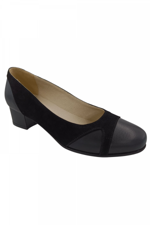 Pantofi cu toc gros 4 cm - Pantofi dama casual, piele naturala box, camoscio, toc mic gros, negru, Sandali