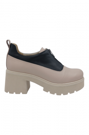 Pantofi cu talpa inalta - Pantofi damă casual, piele naturală, cu fermoar, talpă masivă și ușoară, bej/negru