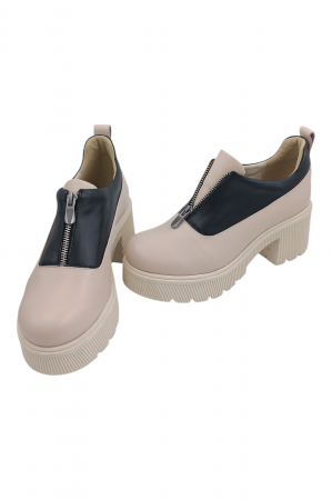 Pantofi damă casual, piele naturală, cu fermoar, talpă masivă și ușoară, bej/negru [4]