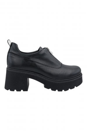 Pantofi cu talpa inalta - Pantofi damă casual, piele naturală, cu fermoar, talpă masivă și ușoară, negru