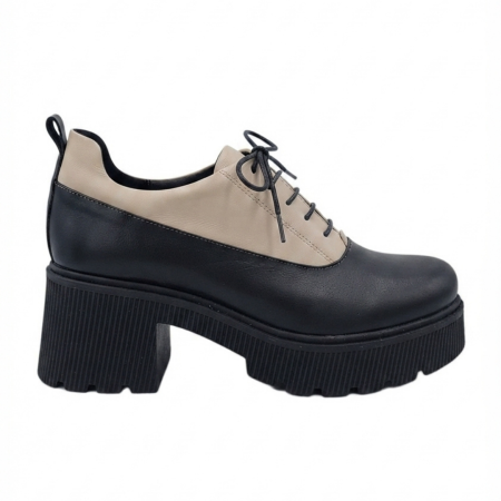Pantofi fara toc - Pantofi moderni din piele naturală cu șiret – talpă masivă bej‑negru