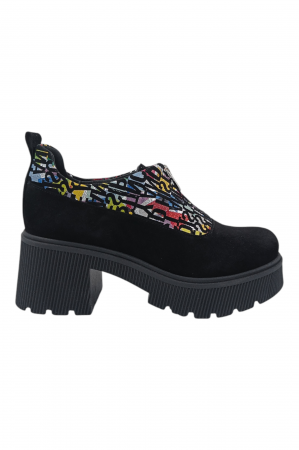 Pantofi cu talpa inalta - Pantofi damă casual, piele naturală întoarsă, cu fermoar, talpă masivă și ușoară, cu imprimeu litere, negru